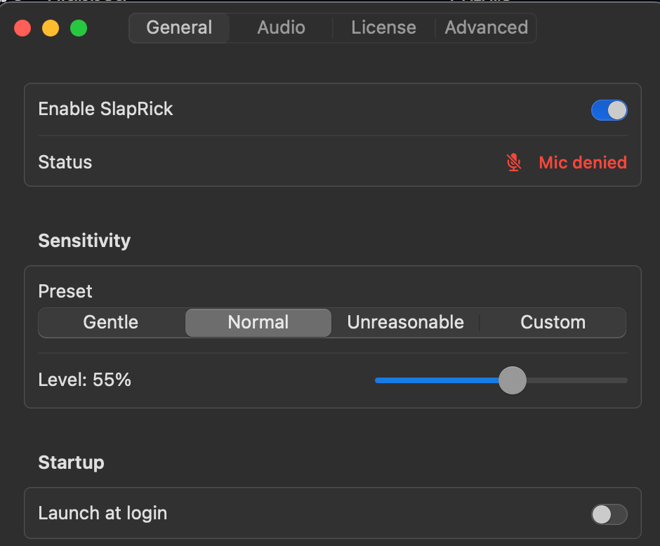 SlapRick Settings window General tab showing Enable toggle, status row, sensitivity preset picker, level slider, and Launch at login toggle