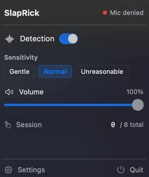 SlapRick menu bar popover showing status indicator, detection toggle, sensitivity presets, volume slider, session counter, Settings and Quit buttons